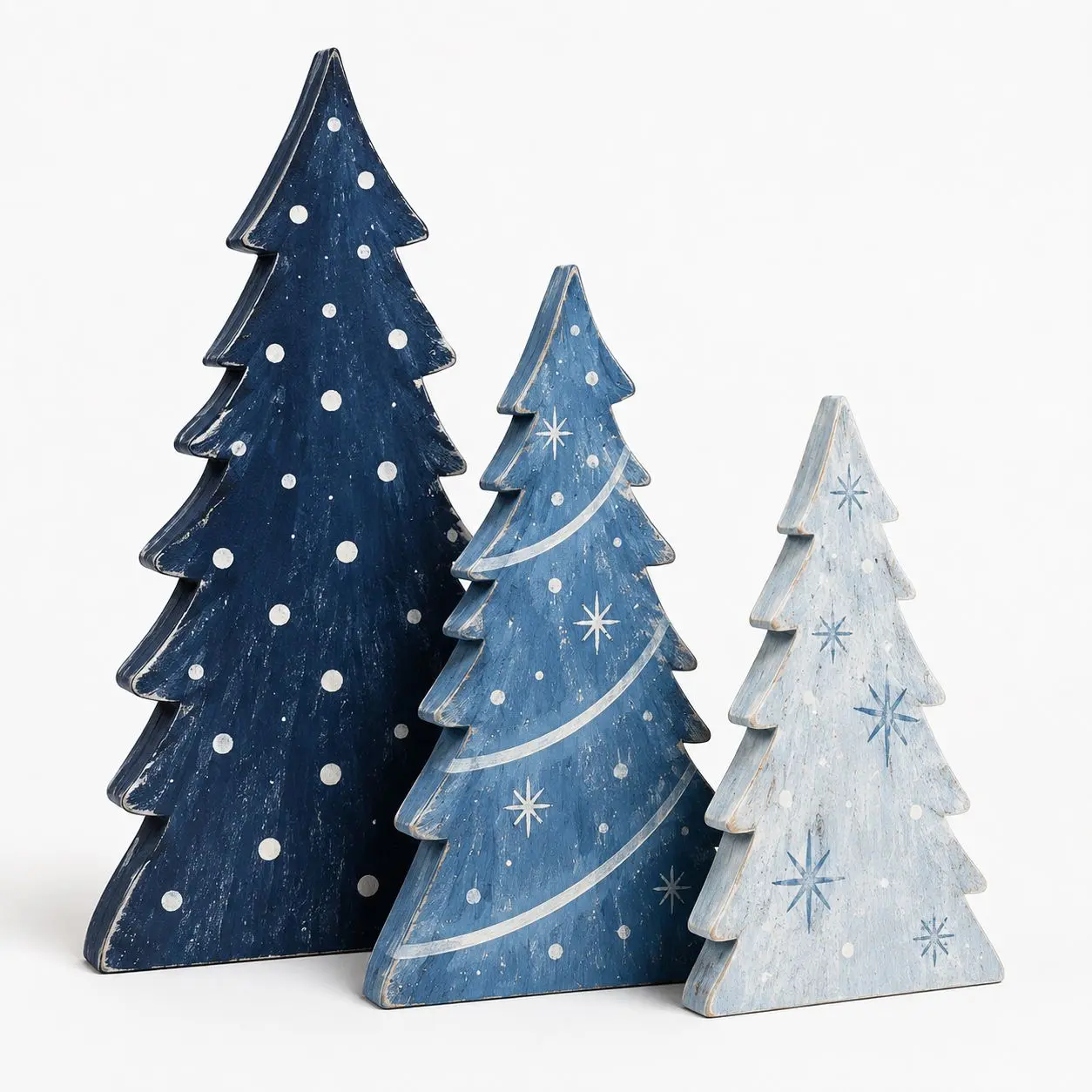 Blue wooden mini Christmas tree tiered tray decoration for Christmas table decor | Set of 3 farmhouse wooden winter Christmas tree tabletop centerpieces with polka dots, suitable for mantels, bookshelves, and fireplaces