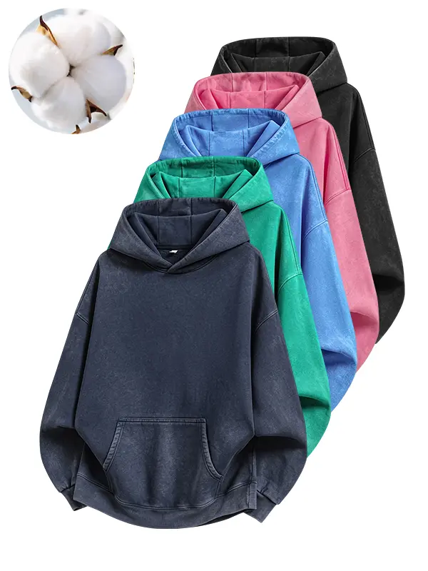 Vintage washed distressed hooded sweatshirt for men and women, fleece lining with a brushed texture, loose pullover design