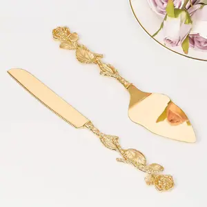 Personalized Gold Cake Knife and Server Set Custom Engraved Cake Cutting Set for Wedding Birthday, Pastry Pie Pizza Cutter Bridal Gift