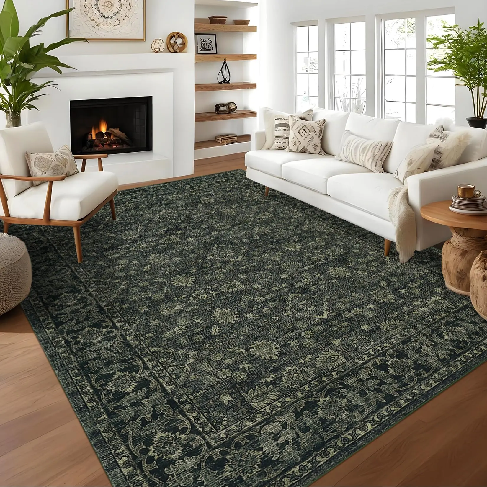 Vintage Boho Area Rugs for Living Room, Dark Green 6'x9' Washable Large Rugs with Non-Slip Backing, Soft Modern Pastel Carpets for Bedroom Dining Room Nursery Office Farmhouse Home Decor