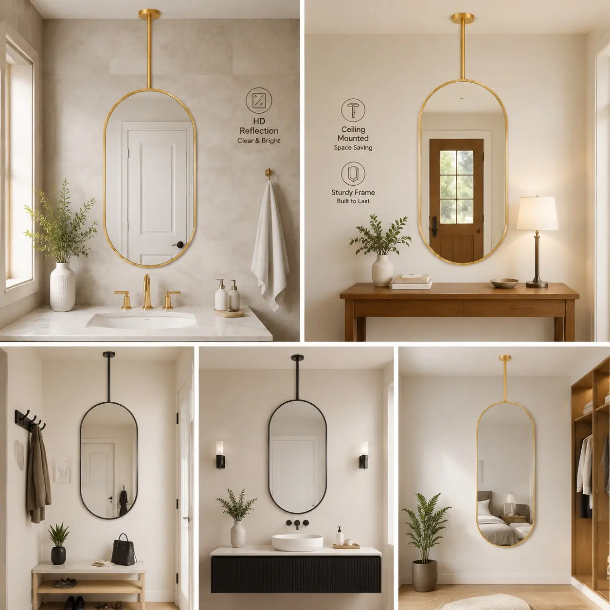Minimalist Oval Metal Vanity Mirror with Adjustable Rod - Lightweight, Smooth Glass, Hanging Design, Suspension-Mountable (Ceiling or Wall) for Bathroom, Entryway - Compact Vanity Solutions, Home Decor Decoration Accessory