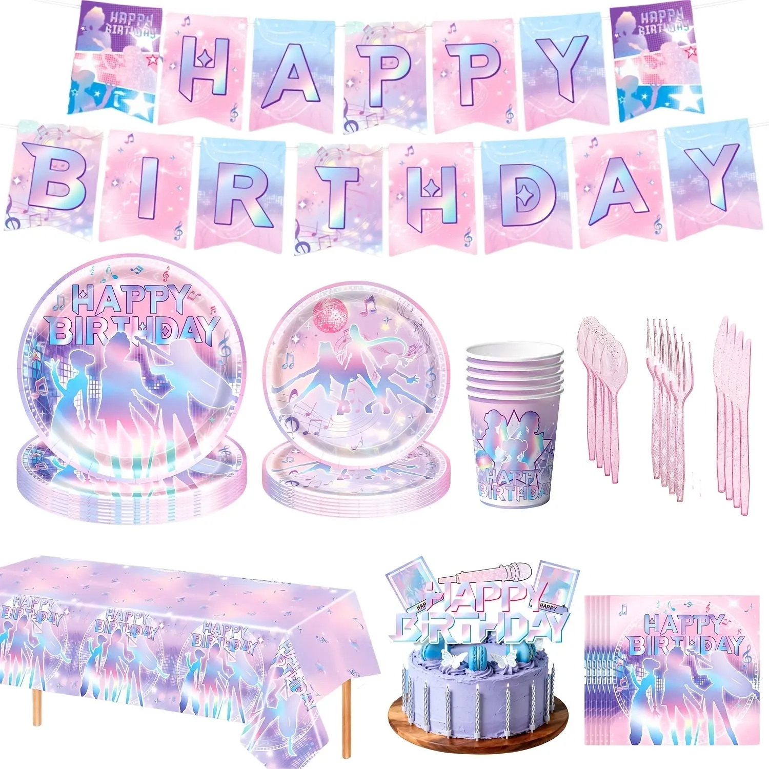 144 Pcs Kpop Party Supplies Set, Pink Purple Birthday Decorations Music Dance Party Kit with Banner Hanging Plates Napkins Cups Tablecloth Knife Fork Spoon for Kpop Theme, Serve 20 Gifts