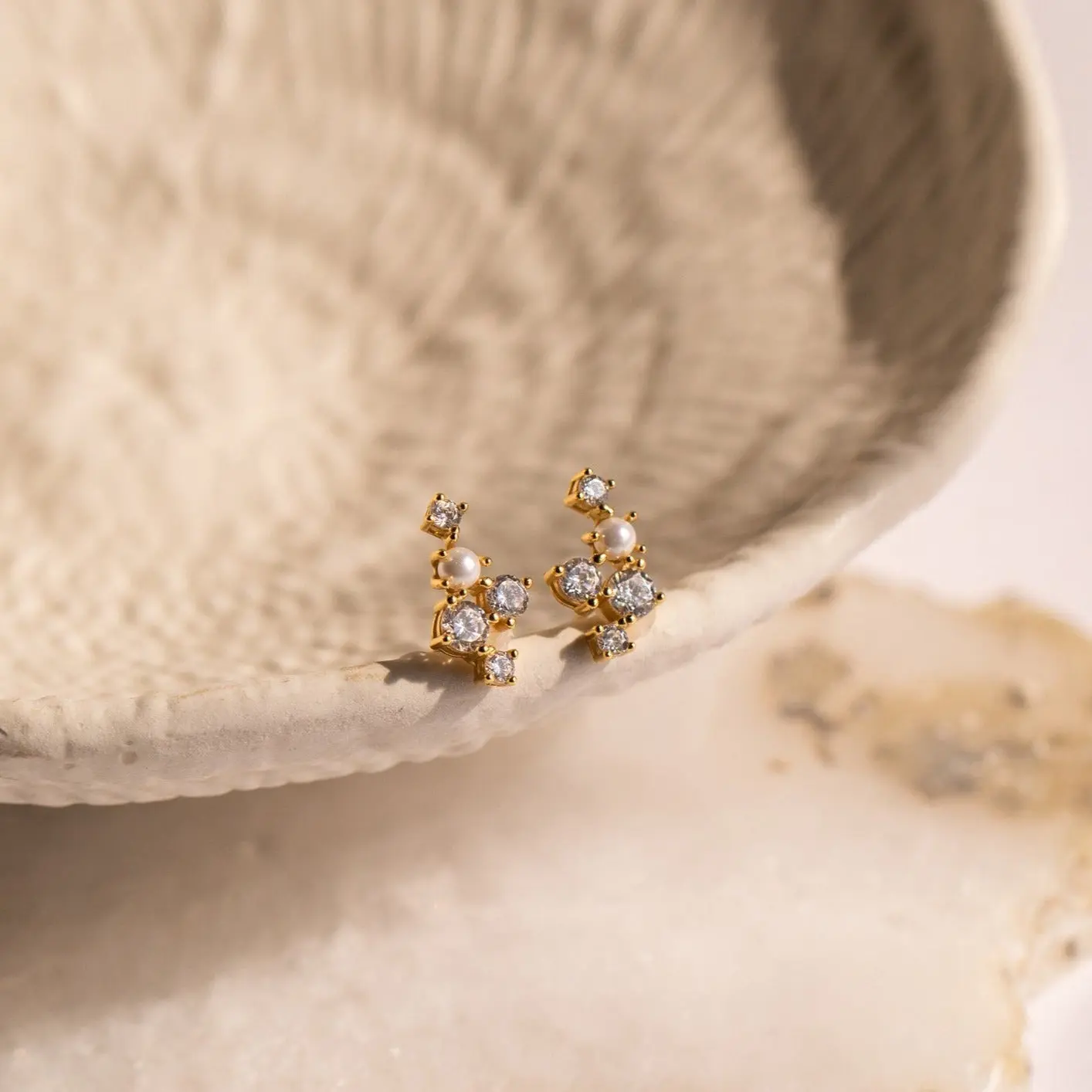 Seine Diamond Studs by Caitlyn Minimalist - Pearl & Diamond Cluster Stud Earrings - Crystal Wedding Earrings - Bridal Gift
