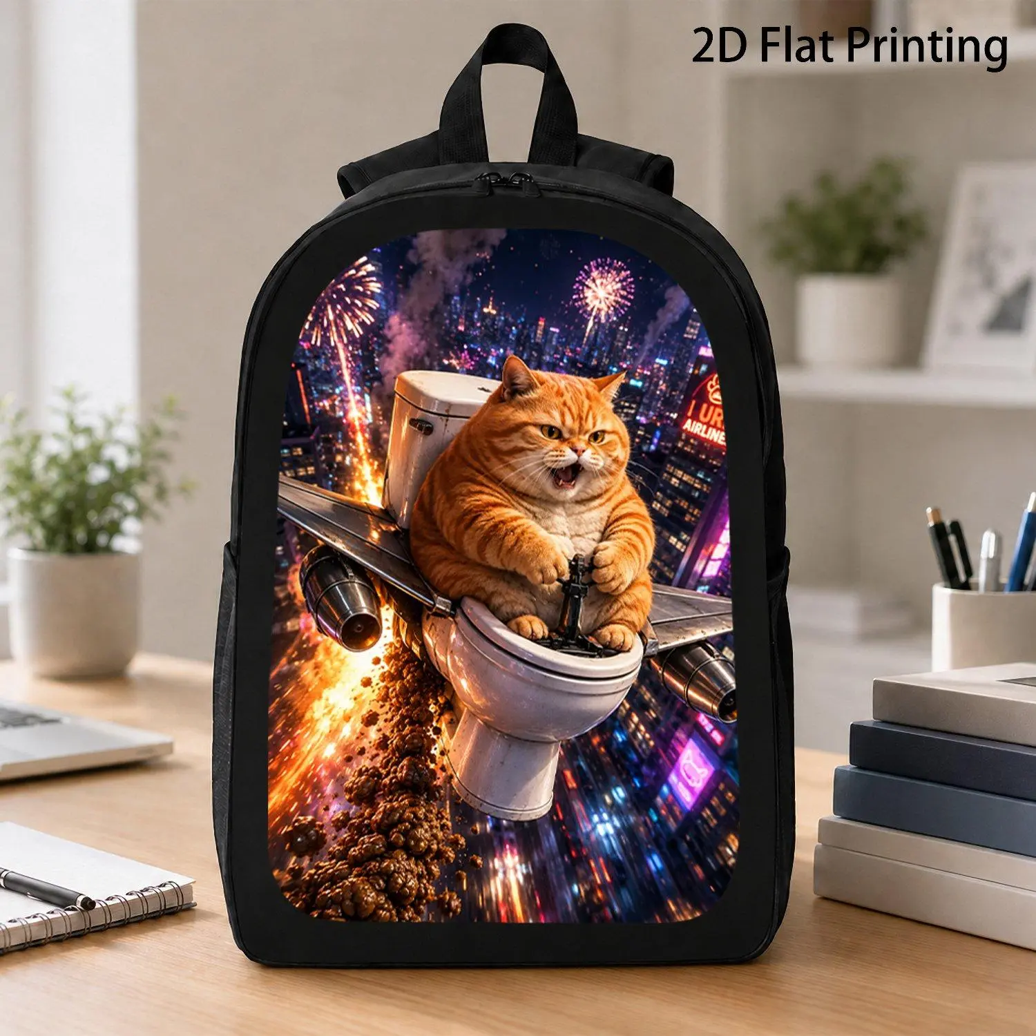 Funny Chubby Orange Cat On Flying Toilet Jet Plane Backpack, Cool City Night 2D Print Laptop Casual Rucksack