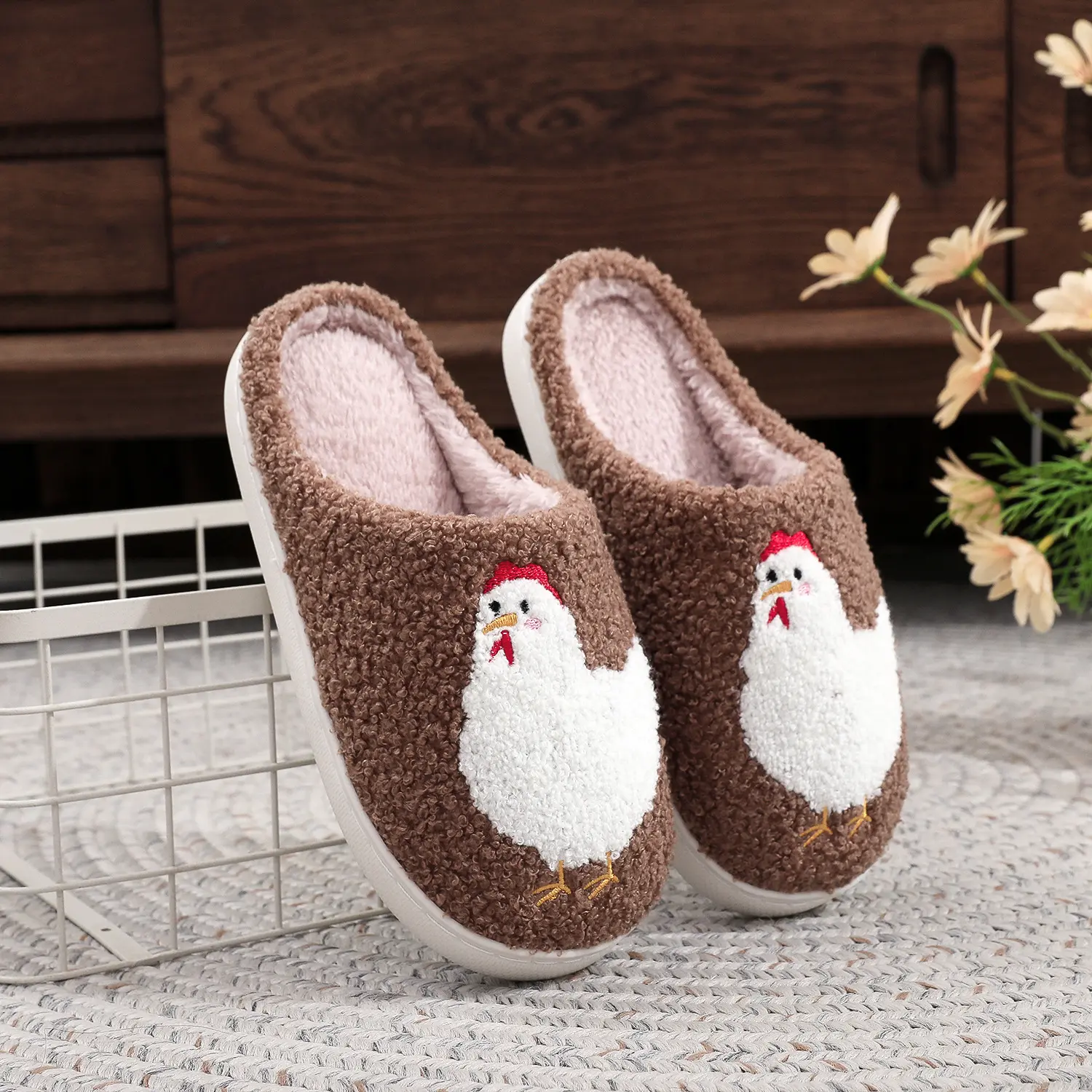 Women's Cute Cartoon Chicken Plush Slippers Soft Warm Cozy Winter Footwear for Indoor Use