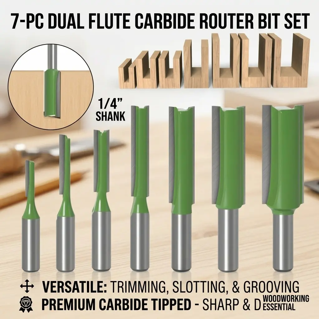 7 Piece Twin-Edge Milling Cutter Set, 1/4 Inch Shank, Hard Alloy Woodworking Tools, Ideal for Edge Trimming, Slotting, and Carving