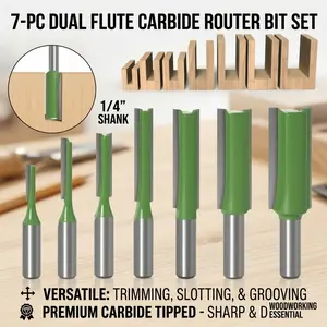7 Piece Twin-Edge Milling Cutter Set, 1/4 Inch Shank, Hard Alloy Woodworking Tools, Ideal for Edge Trimming, Slotting, and Carving