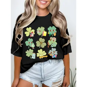 Women'S Elegant Crew Neck T-Shirt, St. Patrick'S Day Clover & Lucky Charms Print, Casual Short Sleeve Top, All Season Fashion Tee