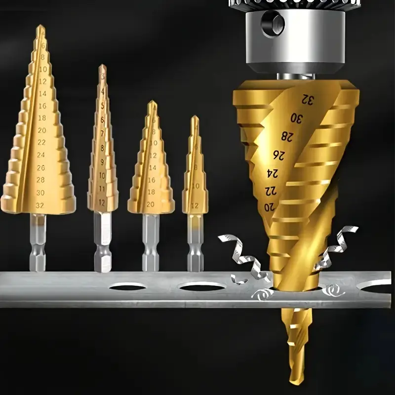 3pcs Titanium-Coated Hss Shank Step Bits Set, High-Speed Steel with Golden Color Finish, Ideal for Wood & Metal Drilling, Crafts & DIY Projects
