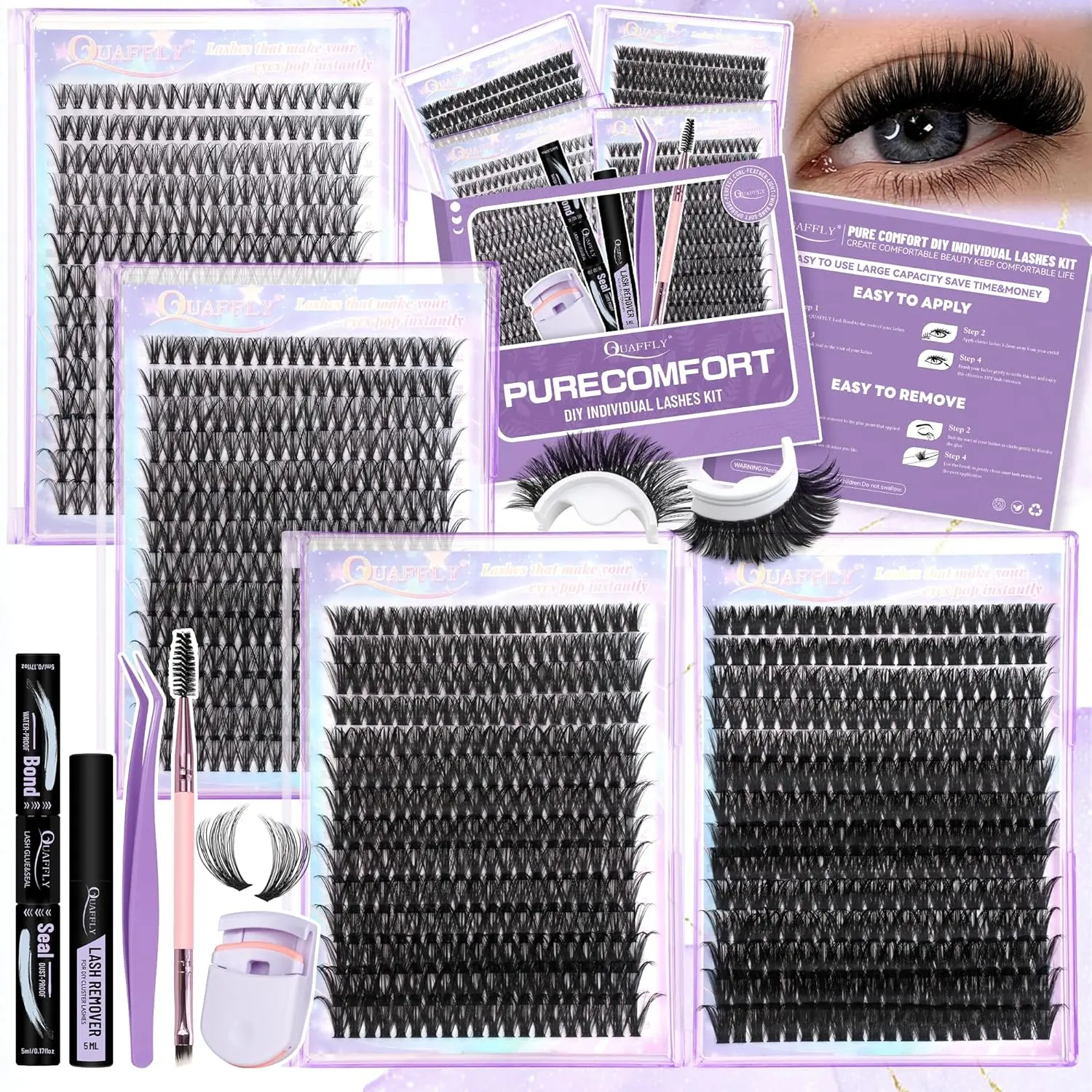 Cluster Lashes Kit Bundle, 4 Styles 1120Pcs D Curl 10-18mm Natural Look Set with Bond & Seal, Remover, Tweezer, Curler, Brush