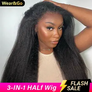 [Wear Go HALF-Wig] OQ HAIR Kinky Straight Human Hair Half Wig Seamless Flip Over Wig 3 IN 1 Wear Go Glueless Wig Invisible Hair dealsforyoudaysline Beginner Friendly Vacation Hair Outdoorfun