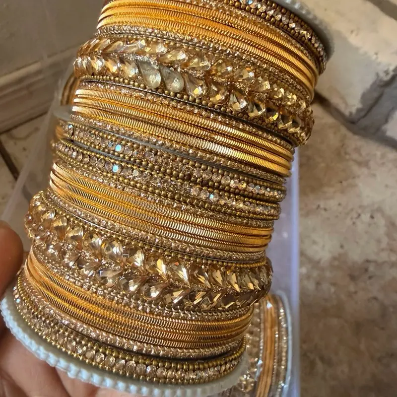 Metal Bangle Set - 2.10 Size, Gold Color, 26 Pieces, Indian Bridal Churiyan Chudiyan Jewelry Accessory