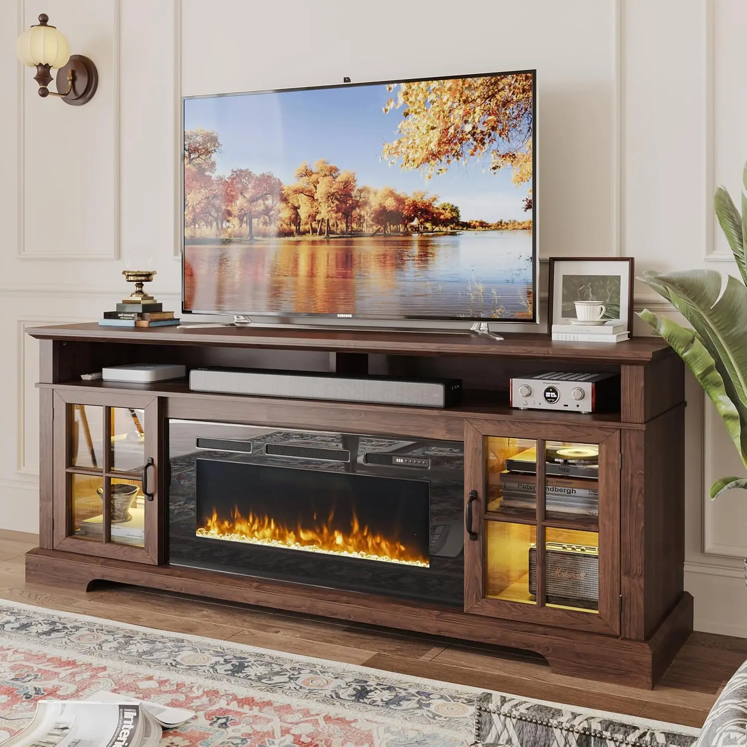 Jolydale 70"TV Stand with Electric Fireplace for TVs Up to 80", Brown & Black | Media Console with Storage Cabinets & Doors, Farmhouse Style for Living Room, Brown Modern Entertainment & Black Fireplace