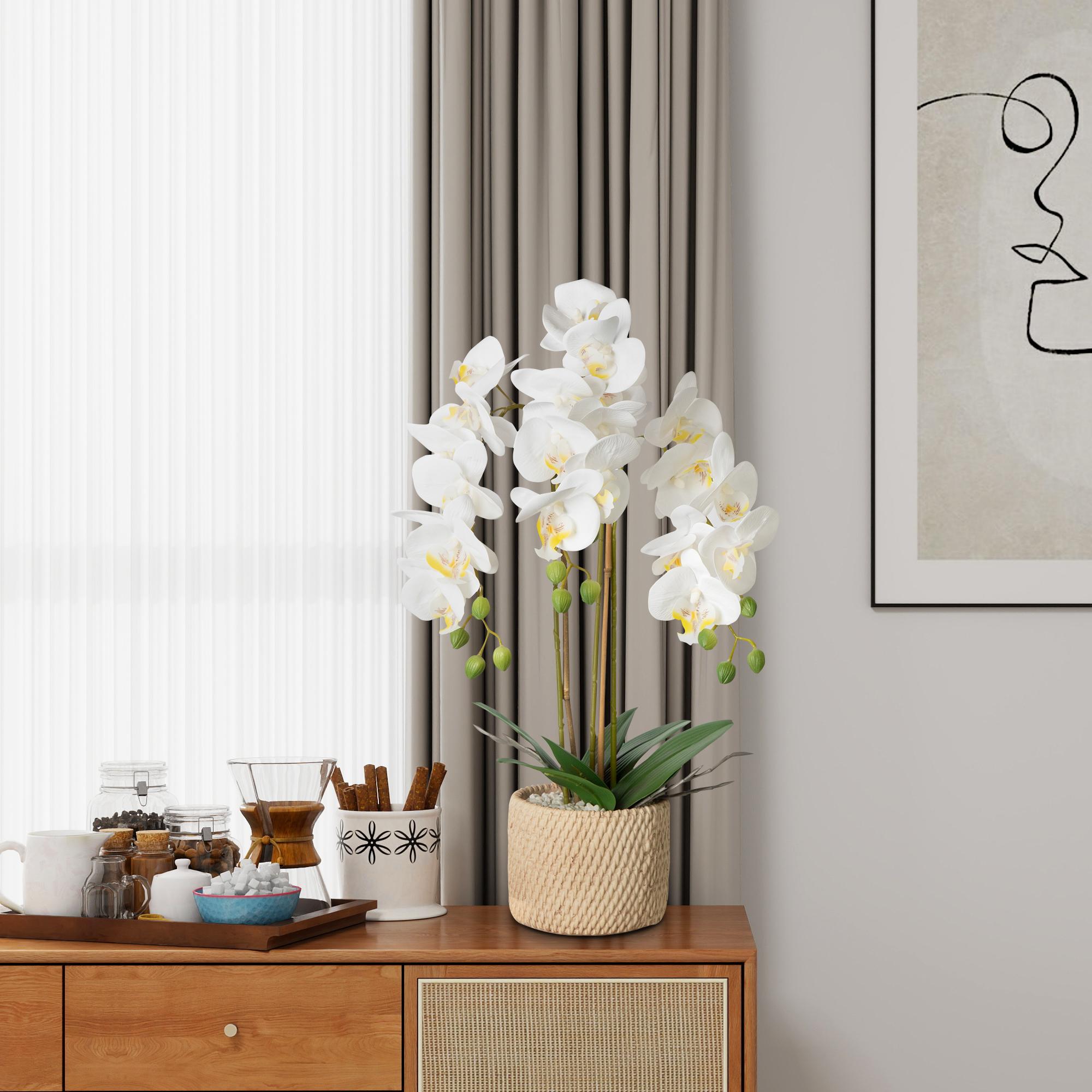 Porch decor.ennva ceramic potted artificial orchid flowers, white faux phalaenopsis for table decoration, realistic artificial flower ornaments suitable for home and office interior decoration