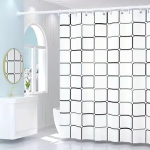 1PC large grid pattern PEVA shower curtain, semi-transparent black and white grid plastic shower curtain, dry and wet separation space divider curtain, home decoration curtain, available in various sizes, comes with plastic shower curtain hooks, metal all