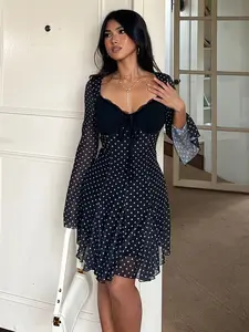 Fashionable Polka Dot Mesh Lace Patchwork Long Sleeve Summer Dress, Elegant Tie Front Short Dress, Slim-Fitting Street Style A-Line Skirt Womenswear Lady Casual Wear
