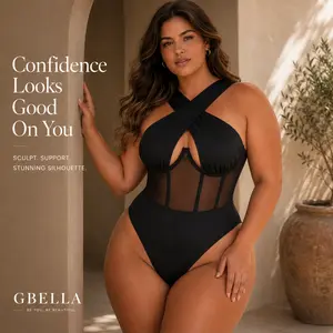GBELLA White Bodysuit for Women – Crisscross Halter Shapewear with Mesh Panel Heart Cut-Out Chic & Comfortable Lingerie-Inspired Womenswear, Lift & Support for a Perkier Look – Perfect for Date Nights & Office Chic Sheer Basic Minimalist Casual Dresses