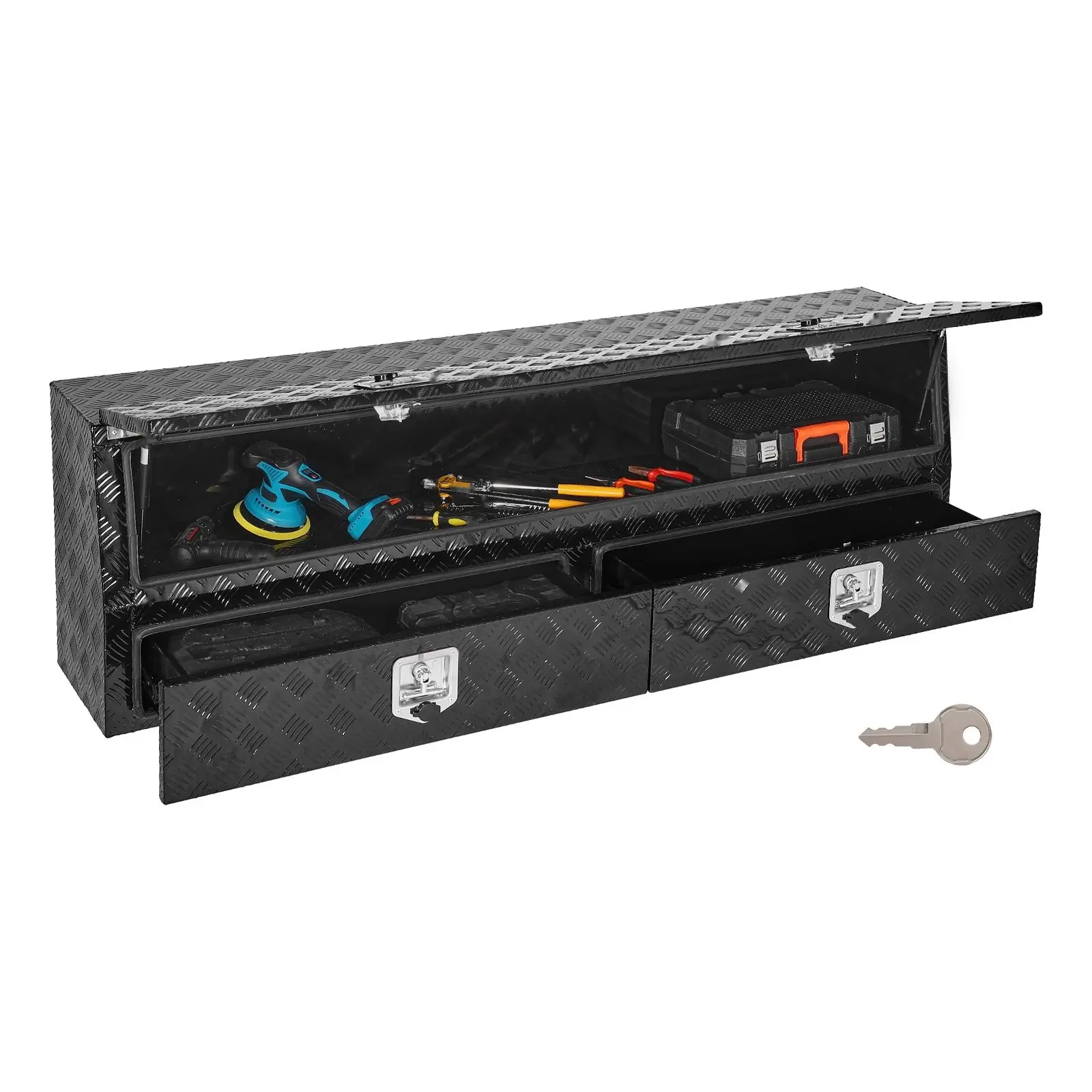 Contractor Truck Toolbox, Black Aluminum Storage Chest, Heavy-Duty Aluminum Tool Box for Pickup, 72 x 21 x 13 Inches, With Lower Drawers and Door, Weather Resistant, Secure Locking, Durable Construction for Workshop and Job Site