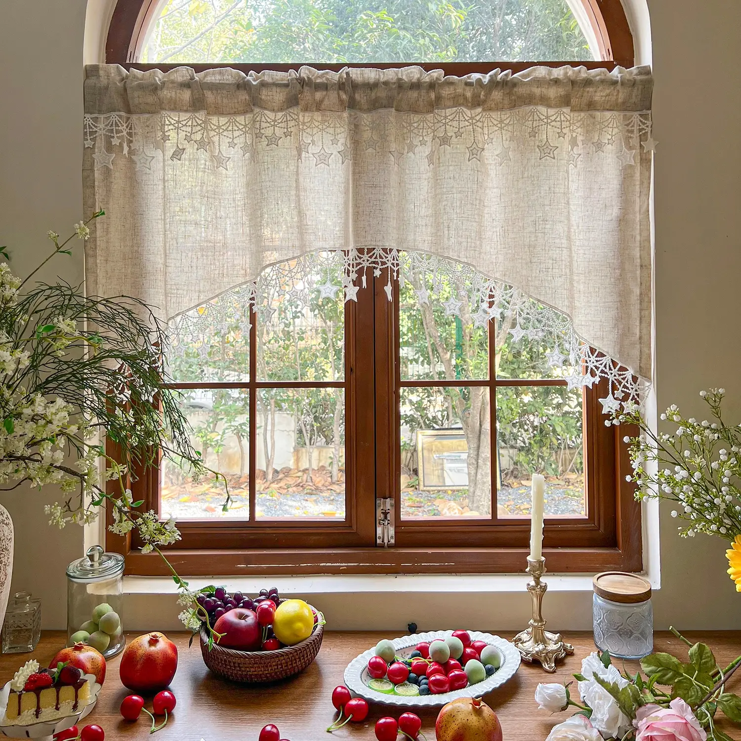 Vintage Swag Valance Farmhouse Linen Kitchen Valance with Star Trim Filtering Arched Curtain Tiers Semi Sheer for Kitchen Window Doorway Rod Pocket 1 Panel