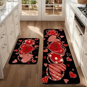 1/2 Pcs Red Heart Kitchen Mat Set. Valentine's Day Wedding Mother's Day Gift. Non-Slip Flannel Floor Rugs. Soft Absorbent Runner for Sink. Romantic Anniversary Home Decor. Durable Anti-Skid Backing. Stylish Area Carpets.