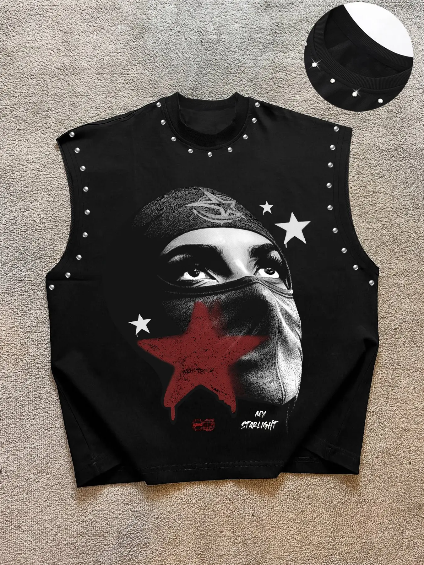 Men's Casual Fitted Tight Vest Top, Graphic Background Face Print, Star & My Starlight Slogan, Comfortable Fabric for Street Dance Battle