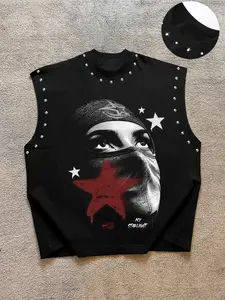 Men's Casual Fitted Vest, Graphic Background Face Print, Star & My Starlight Slogan, Comfortable Fabric for Street Dance Battle