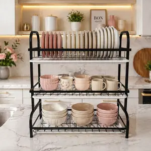 Black 3-Layer Steel Kitchen Dish Rack & Organizer - Compartmentalized Storage Draining Boards, Cutlery, Chopstick, Utensils, Bowl, Plate Holders, Cutting Board Slot, Rust-Proof, Lightweight, Sturdy for Small Kitchen, Apartment