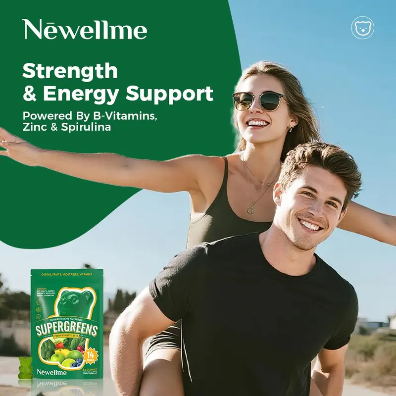 Newellme Super Greens Multivitamin Gummies for Adults - Health Support Vitamins Supplements with Zinc, Spirulina, Biotin, Gut Support, Energy Boosters, Feel Good Energy, Daily Nutritional Aid