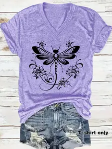 Women's V Neck Short Sleeve T-Shirt, Casual Loose-Fit Summer Top, Animal & Letter Print Pattern, Comfortable Breathable Lightweight Knit Fabric, S-Xxl Sizes