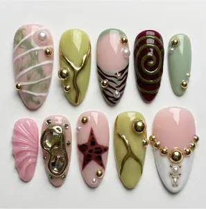 Handmade Press On Nails | Abstract Pastel Garden And Shell Art | 3D Gold Accents, Pearls & Starfish Design