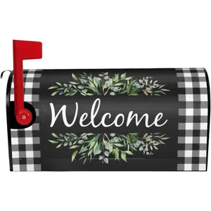 Welcome Magnetic Mailbox Cover, Buffalo Plaid & Leaves Pattern Mail Box Covers, 21 x 18 Inch Black White for Garden Outdoor Decor