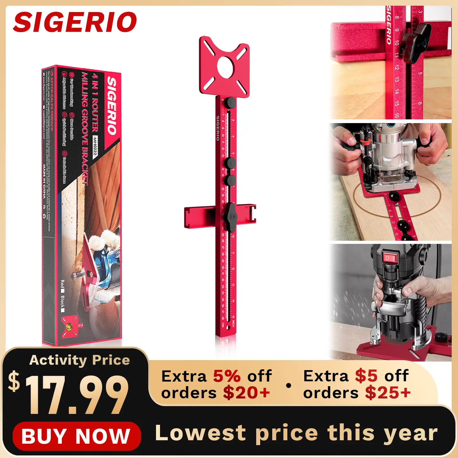 Sigerio 4 in 1 Router Milling Groove Bracket, Aluminum Alloy Router Circle Cutting Jig, Multifunctional Cabinet Hardware Jig and Router Guide, Adjusta