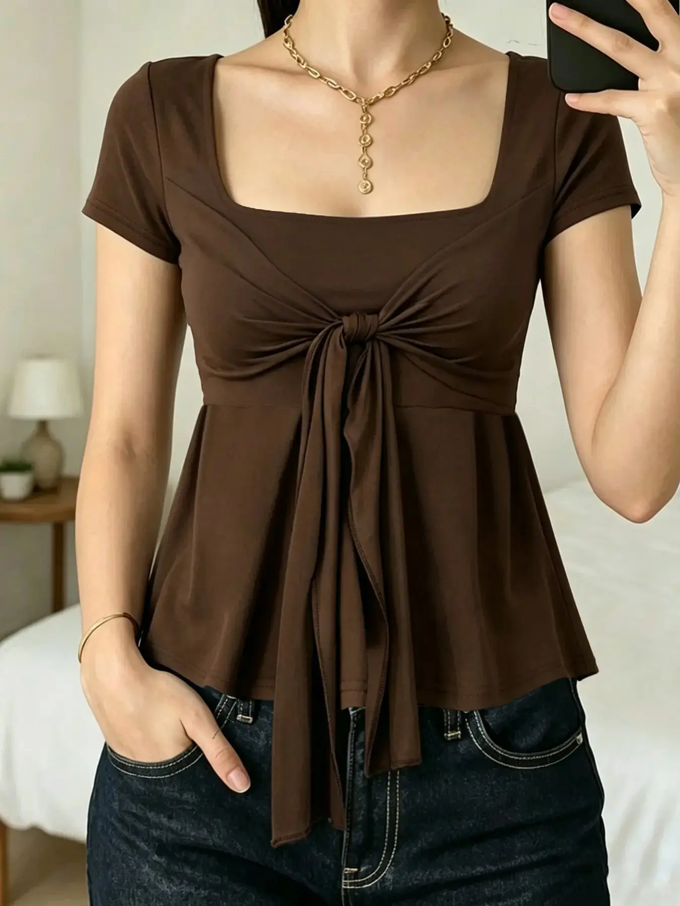 Summer Solid Color Square Neck Tie Short Sleeve Top for Women, Waist Cinch Slim Fit A-Line Doll Shirt T-Shirt Blouse, Retro Style Womenswear, Basic Casual Shirts