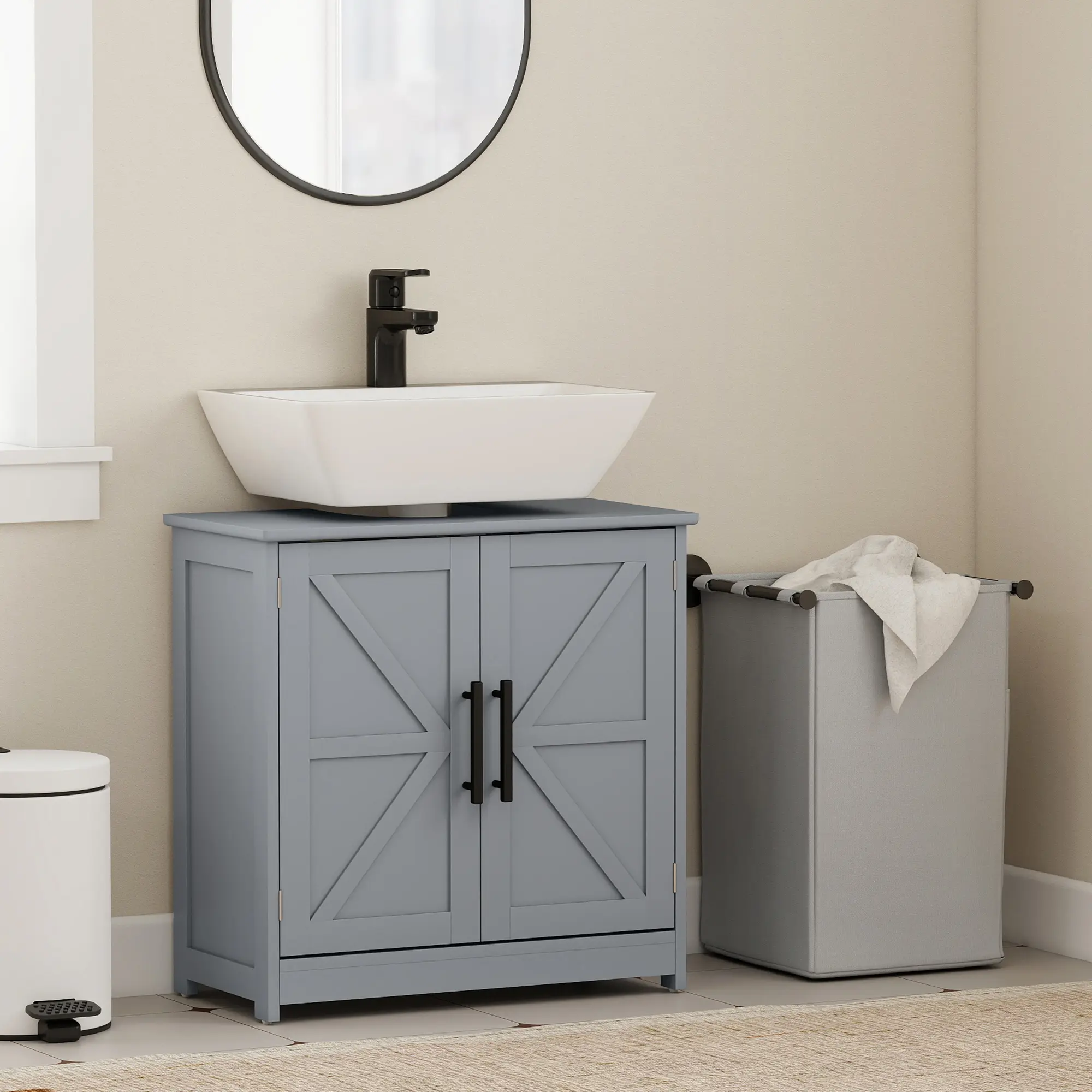 Farmhouse Pedestal Sink Cabinet with Barn Doors – Charming Rustic Style with Black Metal Handles. Adjustable 3-Level Shelf. U-Shaped Slot Fits Pedestal Sinks. Anti-Tipping, Non-Slip. Holds 110 lbs. Dark Gray