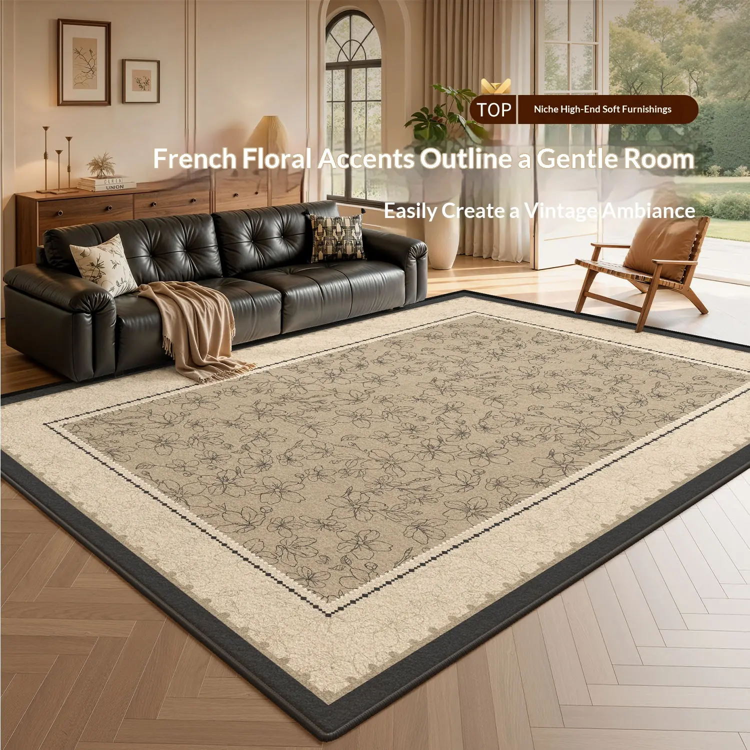 Luxury French Vintage Velvet Fabric Area Rug - 1-Piece Full Spread Indoor Use Floor Mat for Living Rooms, Hotel Decor