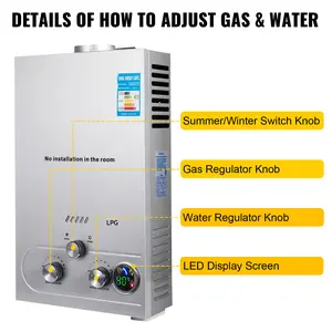 6L-18L LPG Gas Water Heater with 12KW-36KW Output Stainless Steel Compact Portable for Domestic & Outdoor Use LED Display Safety Features Household Appliances - Pressure