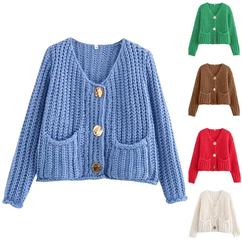 SCUSTY Women's Cropped Cardigan Sweater  Long Sleeves Button Down Chunky Knitted Coat Knitwear