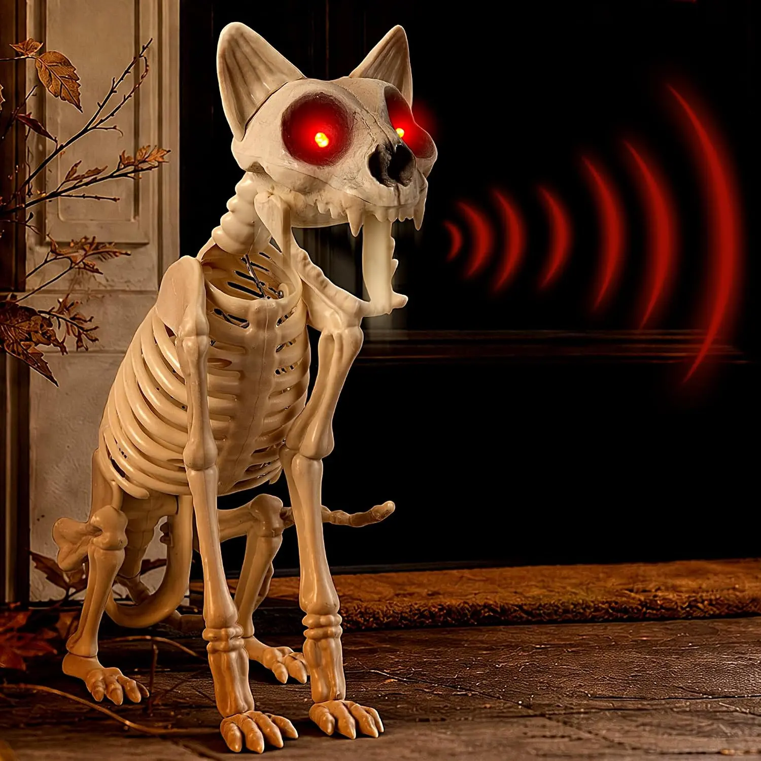 Halloween Animatronic Skeleton Cat 15 Inch, Sound & Touch Activated Halloween Decoration with Moving Jaw, Glowing Red Eyes and Spooky Sound, Animated Cat Prop for Haunted House, Yard, Porch Decor