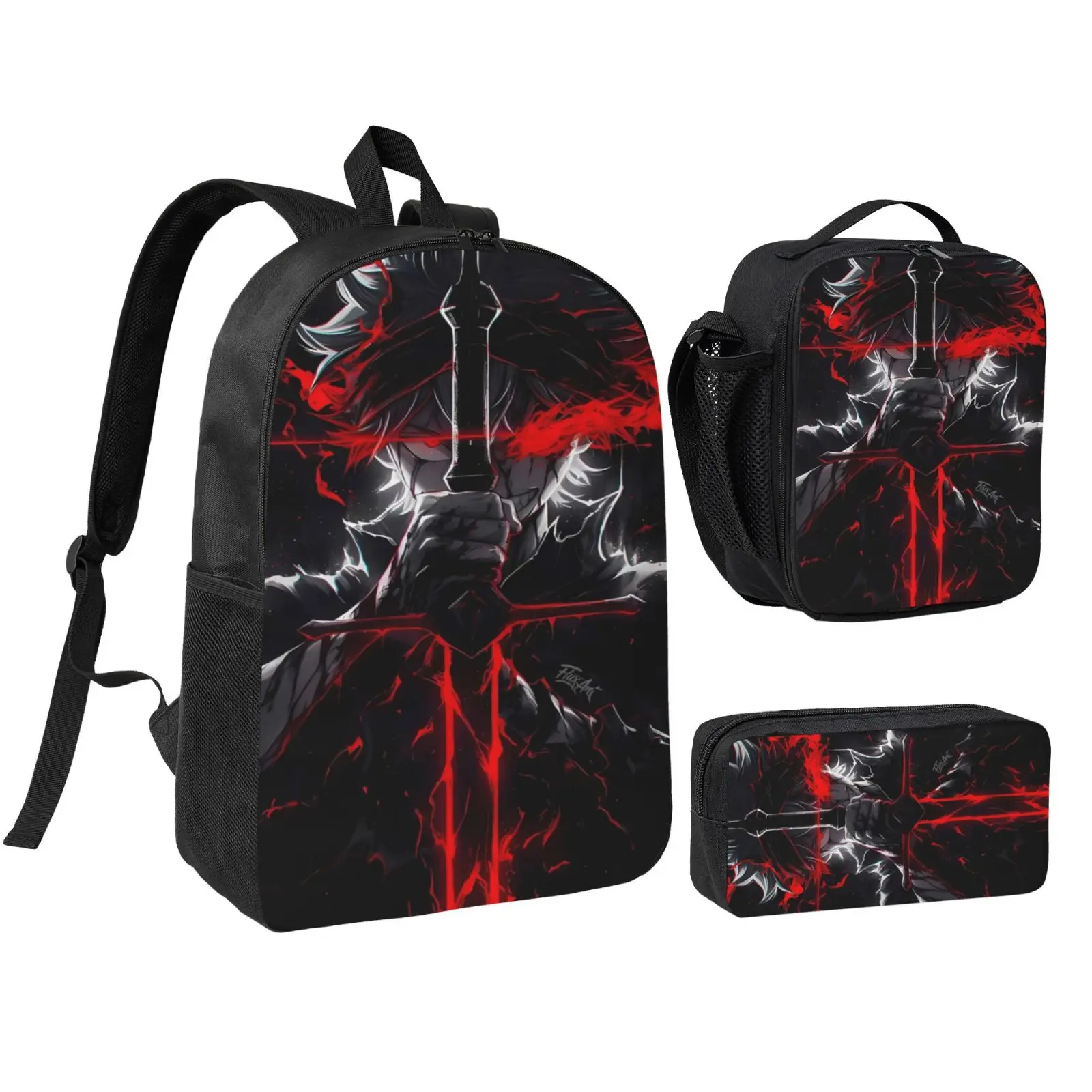 3PCS Black Clover Stain-Resistant Backpack Set for Boys Girls Durable Cartoon School Bag with Matching Lunch Box and Pencil Case Casual Bookbag Perfect for Holiday Gifting Camping Excursions and School Field Trips, Hiking, Teens, Cartoon Men's Bags Sets,,