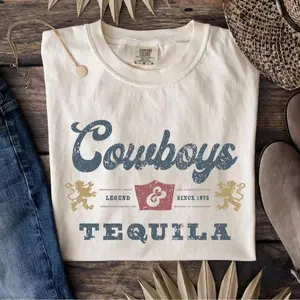 Cowboys and Tequila Comfort Colors T-Shirt, Vintage Western Graphic Tee, Retro Country Style Shirt, Rodeo Cowboy Aesthetic Gift for Men Women