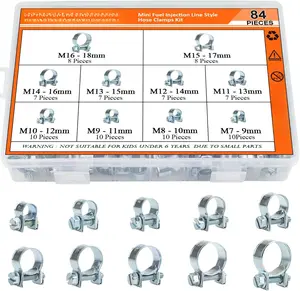 84 count 10 Sizes Mini  Injection Style Hose Clamps, Zinc Plated Adjustable Pipe Hose Clip Tube Clamps