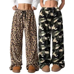Women’s plush wide-leg pants with leopard and camouflage prints and a bow decoration; casual, comfortable elastic-waist pants; autumn–winter women’s underwear; women’s pants; outdoor underwear