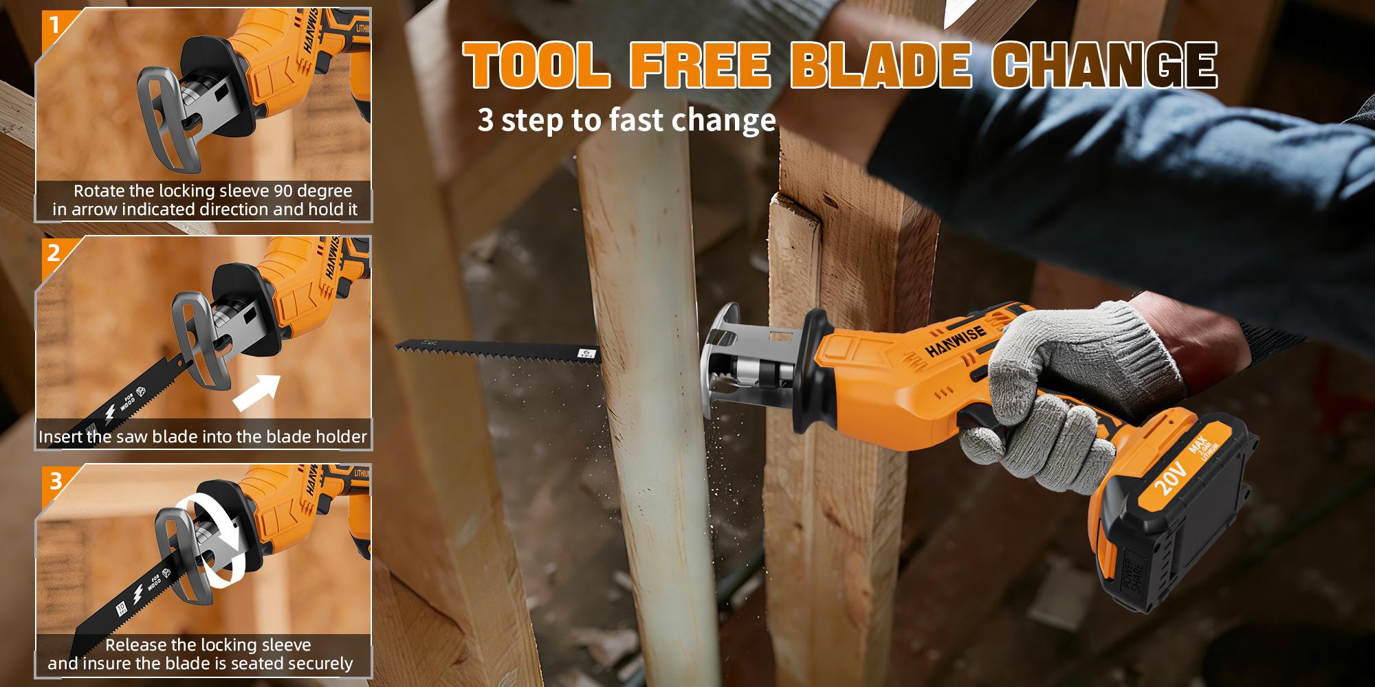 HANWISE cordless electric reciprocating saw, equipped with blade set, suitable for cutting wood/metal/PVC, with multiple functions, suitable for woodworking and home repair tools