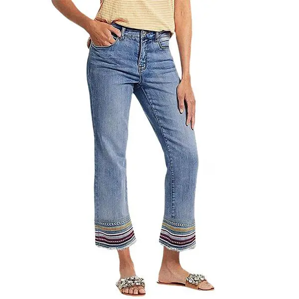 Flamingals Wash Embroidery Raw Hem Mid Rise Crop Jeans Womenswear Fit Casual Bottoms Style