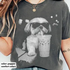 Comfort Colors Funny Shih Tzu Drinking Iced Coffee Shirt, Vintage Dog Sweatshirt, Shih Tzu Shirt, Dog Dad Unisex, Dog Lover Shih Tzu Gift Womenswear Top