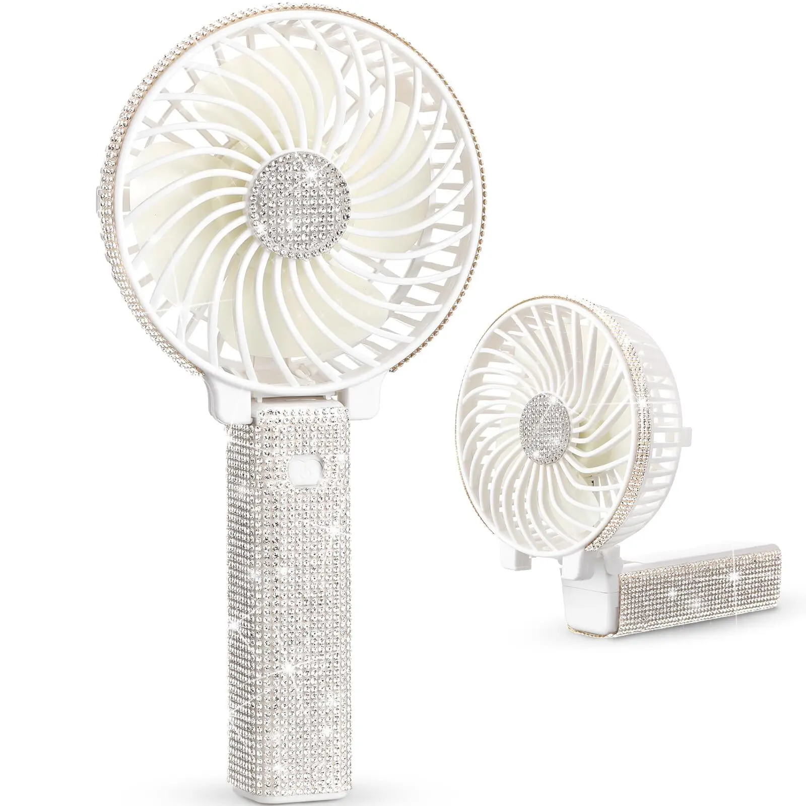 Mudder Crystal Bling Rhinestone Mini Handheld Fan Portable Usb Rechargeable Fan Battery Operated Small Folding Personal Fan for Girls Women Outdoor Travel Indoor Makeup Office (WhiteClassic Style)