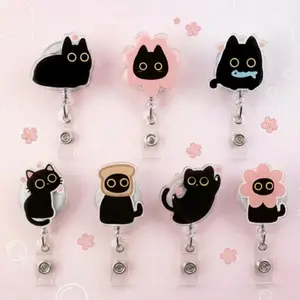 Kawaii Black Cat Sparkly Retractable Badge Reel Cute Kitten Acrylic ID Holder For Registered Nurse RN LPN Doctor Teacher Student Gift