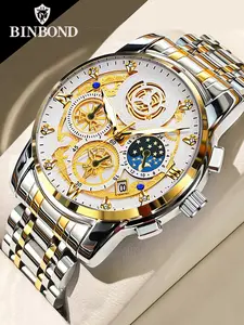 Binbond 4010 Luxury Business Quartz Men's Watch, Stainless Steel Strap, Luminous Waterproof Date Display, Round Analog Dial, Stainless Steel Watches