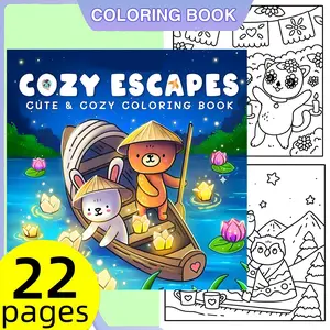 Cozy Escapes Kawaii Bunny & Bear Coloring Book | 120g Thick Sturdy No-Bleed Paper 22 Coloring Pages Odorless Glue Binding Easy Color Adorable River Lantern & Lotus Scenes Stress Relief Pages | TikTok Viral Aesthetic Relaxation Gift For Kids & Adults DIY H