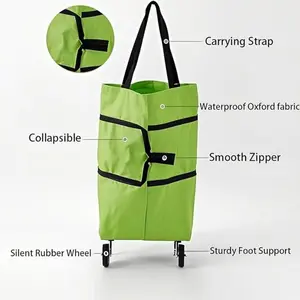Large Capacity Foldable Shopping Cart on Wheels for Groceries, Grocery Bag Carrier, 2 in 1 Portable Trolley for Shopping and Travel, Waterproof Oxford Reusable Grocery Bag